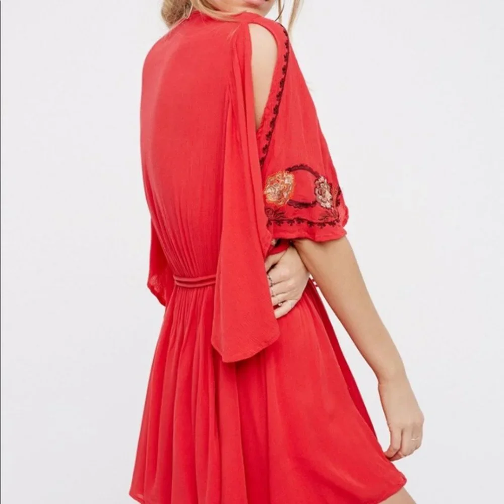 Free People Women's Small Cora Mini Dress Red Floral Embroidery Flutter Sleeve - Picture 4 of 15